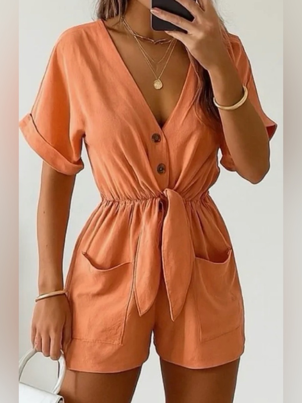 Zara Women’s Orange Tie-Waist Short Jumpsuit